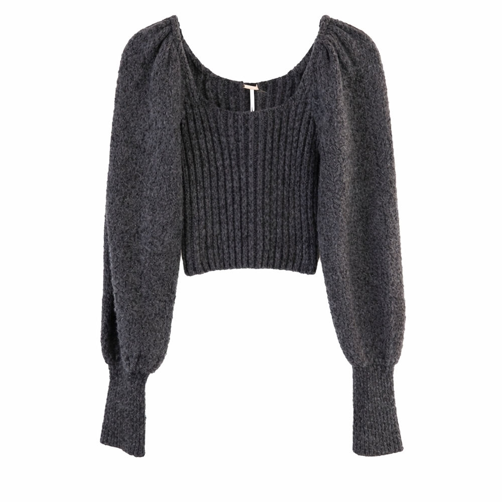 Free People Katie Ribbed Cropped Sweater Black Combo XS Puff Sleeve - Picture 4 of 8